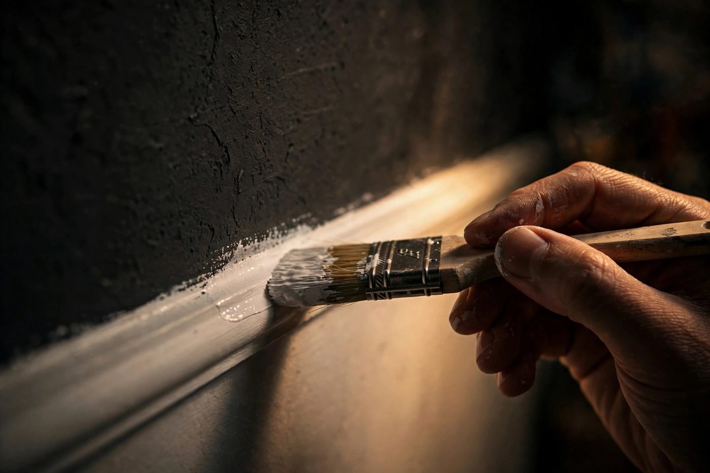A brush cutting a crisp white line along dark trim